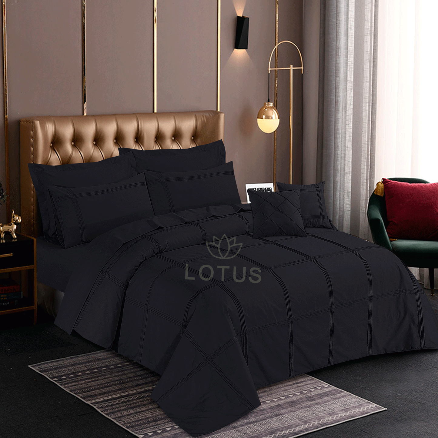 Ultra Soft Square Pleated Duvet Cover Set – Black, King Size, 8 Pc