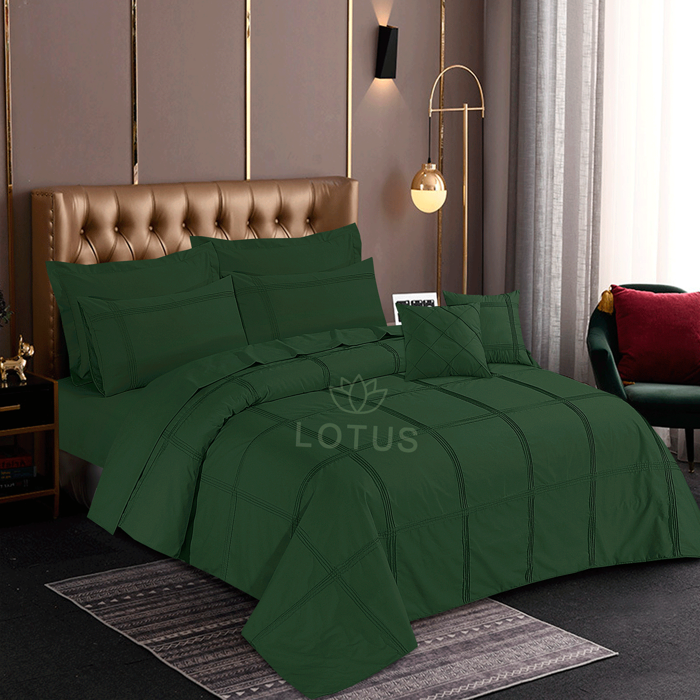 Ultra Soft Square Pleated Duvet Cover Set – Green, King Size, 8 Pc