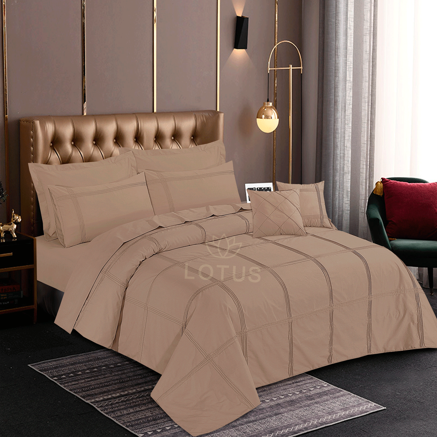 Ultra Soft Square Pleated Duvet Cover Set – Beige, King Size, 8 Pc
