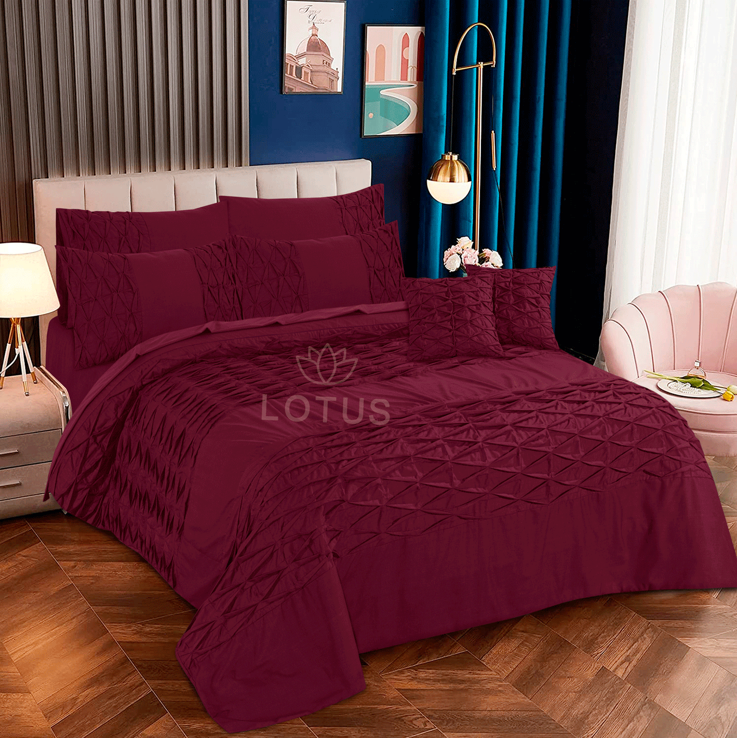 Ultra Soft Zigzag Pleated Duvet Cover Set – Maroon, King Size, 8 Pc