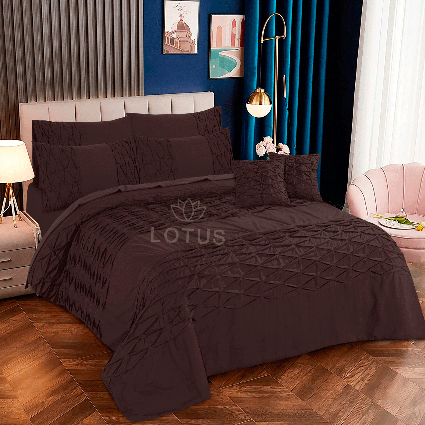 Ultra Soft Zigzag Pleated Duvet Cover Set – Chocolate, King Size, 8 Pc