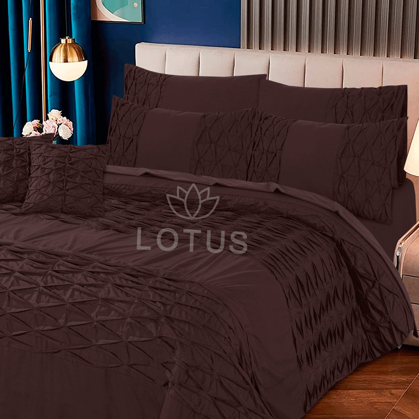 Ultra Soft Zigzag Pleated Duvet Cover Set – Chocolate, King Size, 8 Pc
