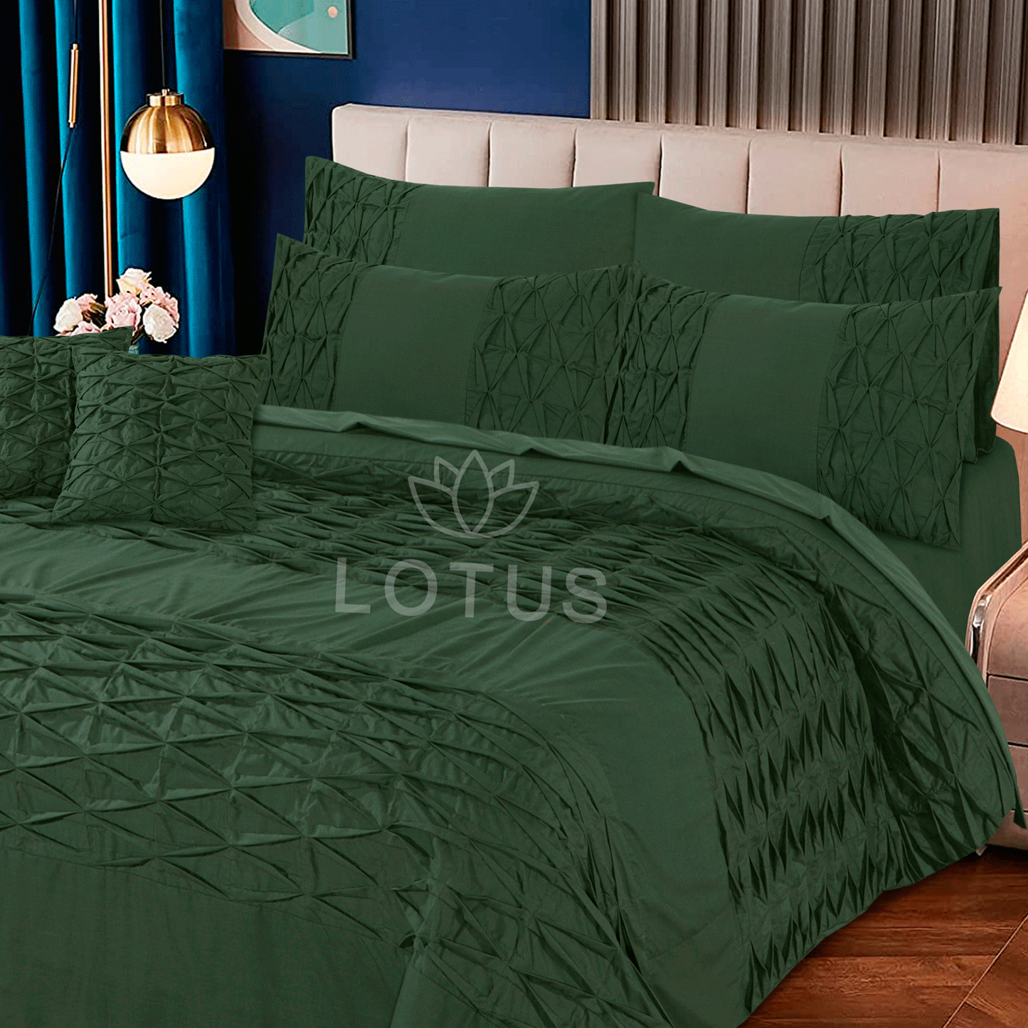 Ultra Soft Zigzag Pleated Duvet Cover Set – Green, King Size, 8 Pc