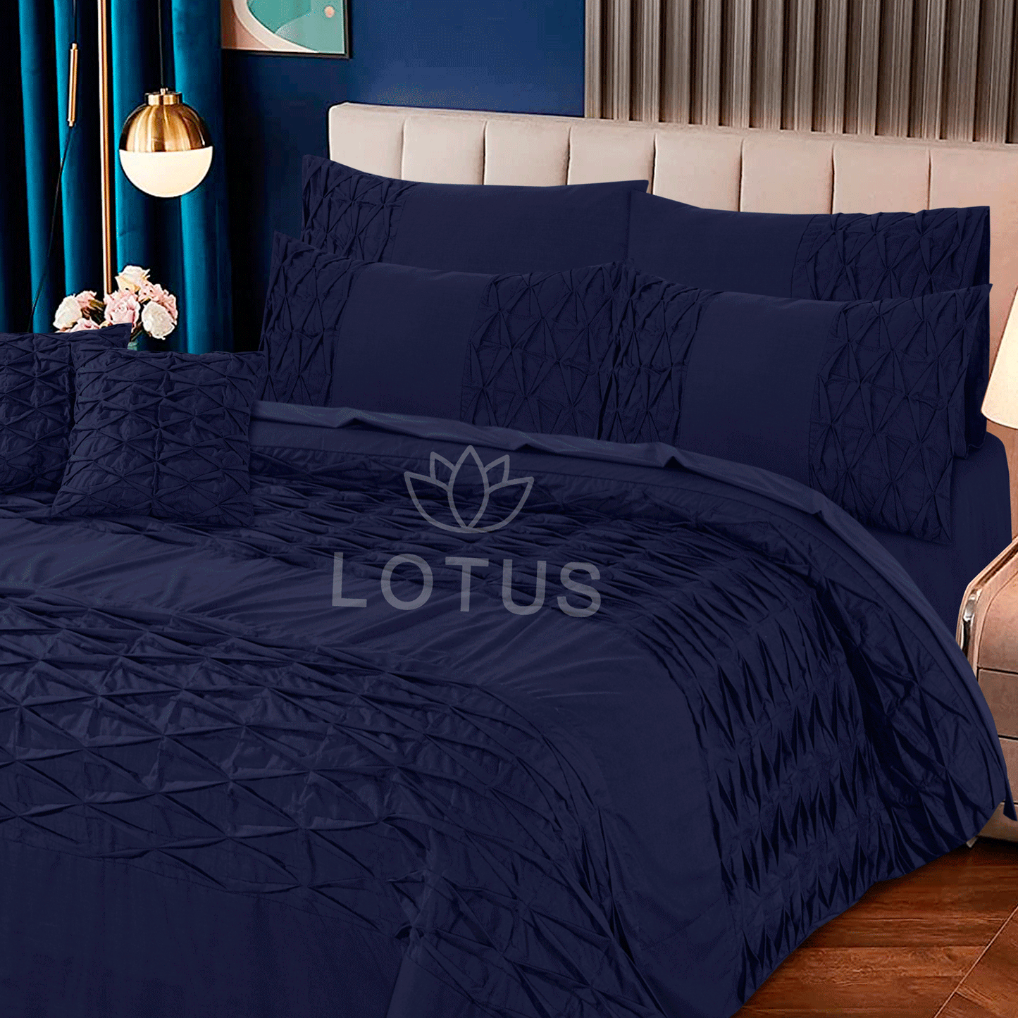 Ultra Soft Zigzag Pleated Duvet Cover Set – Navy, King Size, 8 Pc
