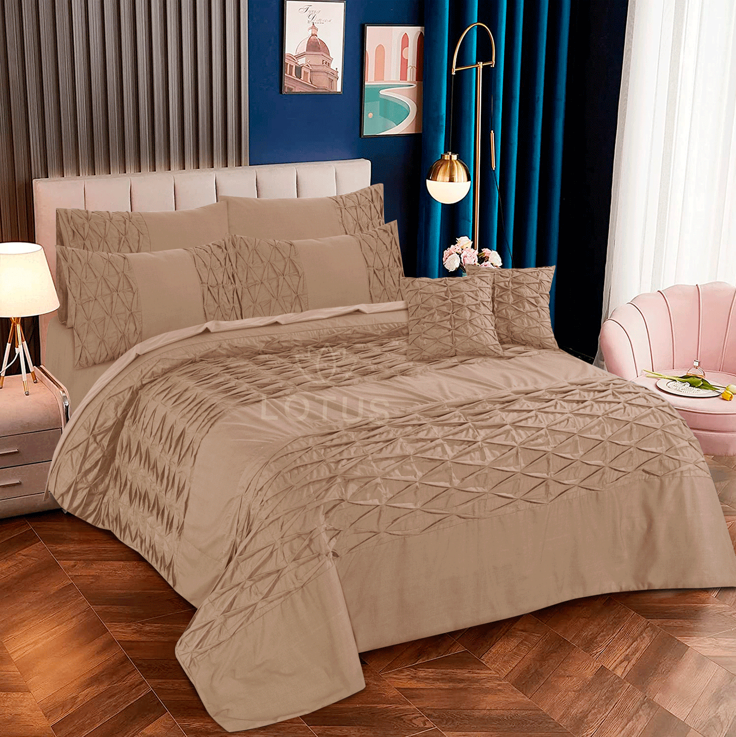 Ultra Soft Zigzag Pleated Duvet Cover Set – Beige, King Size, 8 Pc
