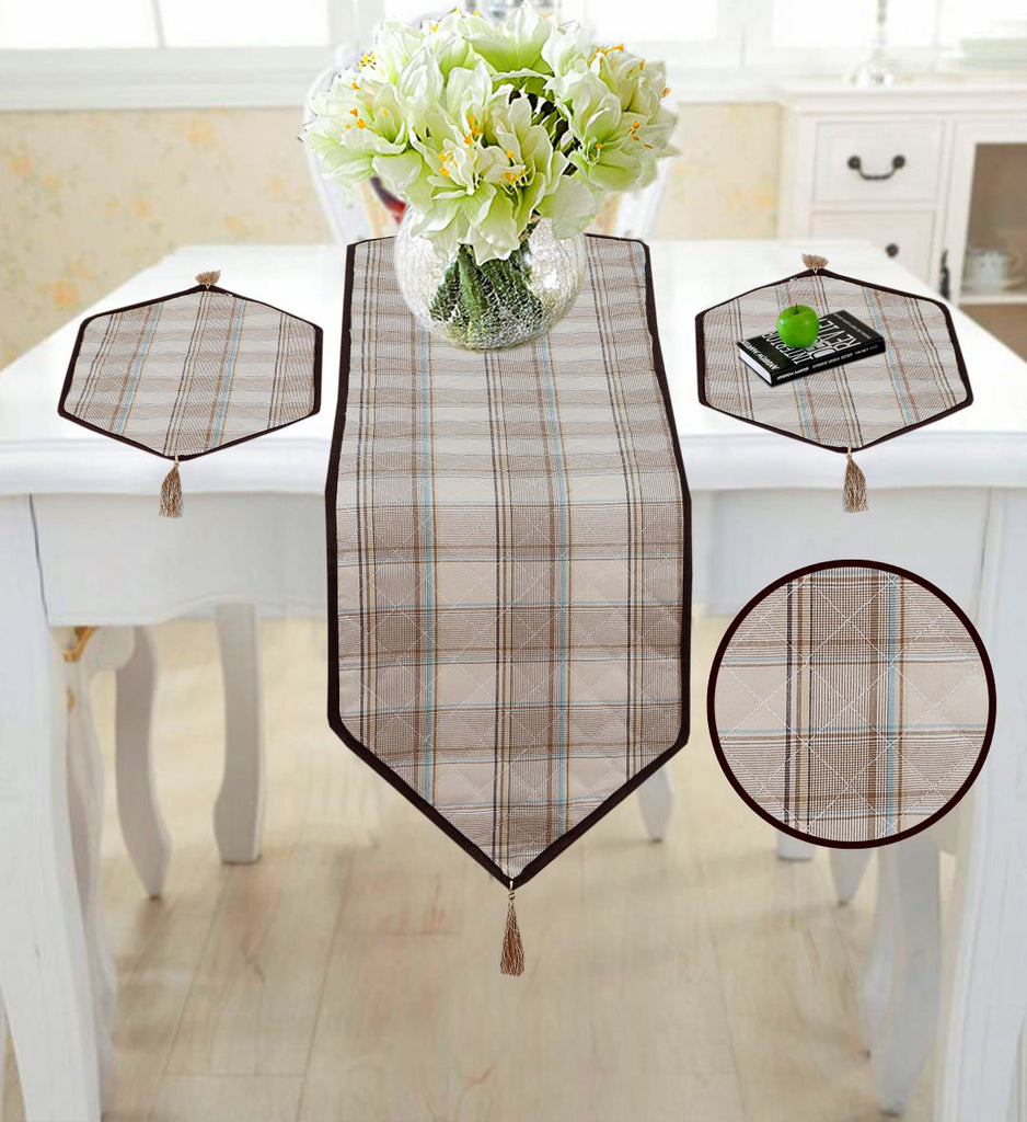 3 Pcs Quilted Table Runner Set  Brown Check-TR9 OS