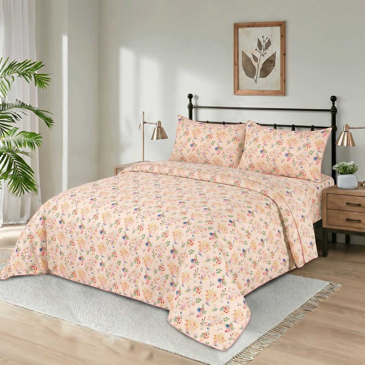 3 Pcs King Size 100% Cotton Bedsheet - Spring