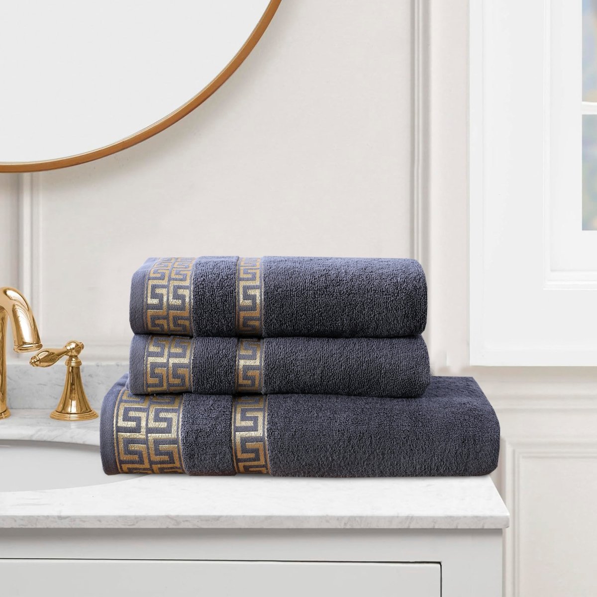 Cool Gray Greek Key - 3 - Pcs Jacquard Towel Set - Lotus