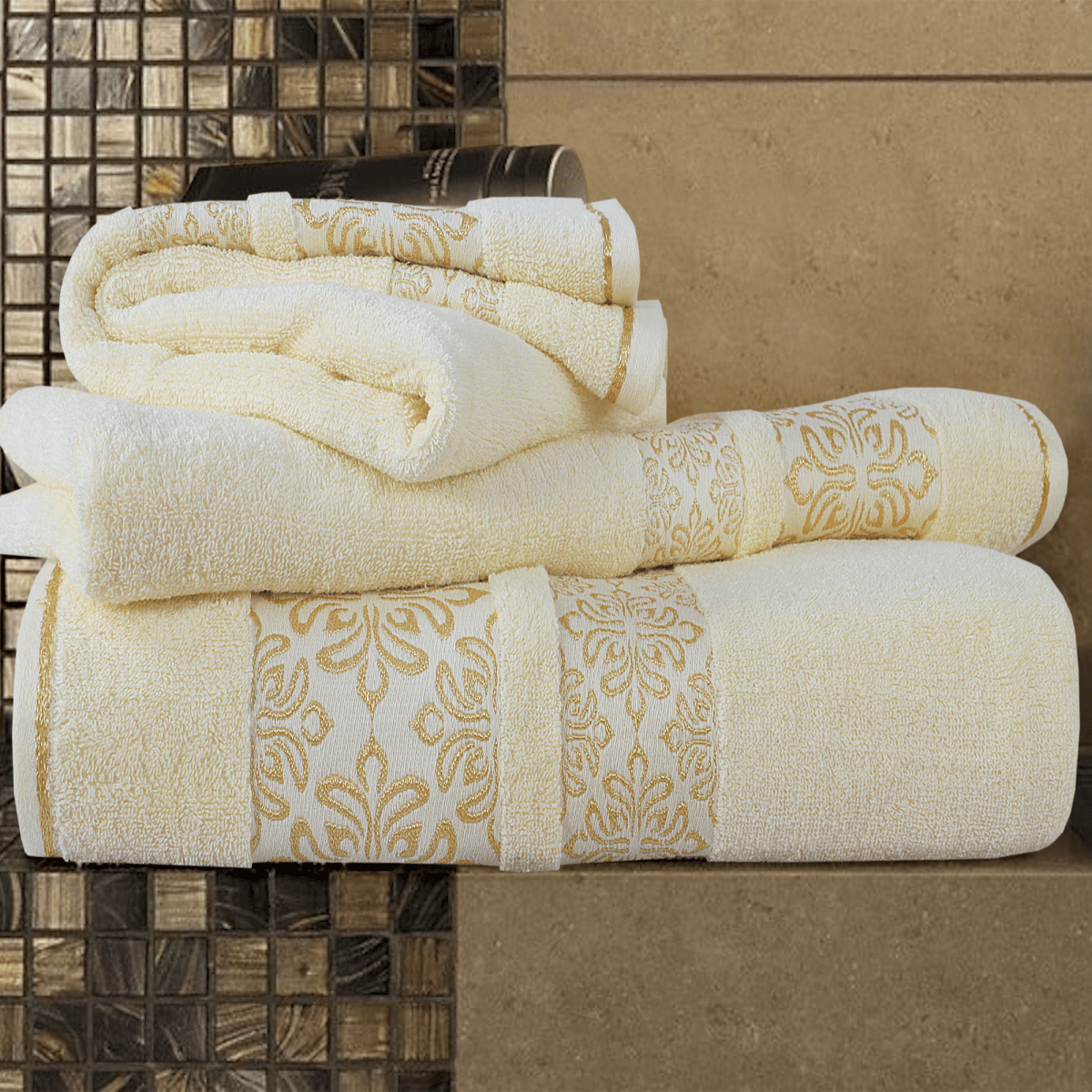 Cream Flower - 3 - Pcs Jacquard Towel Set - Lotus