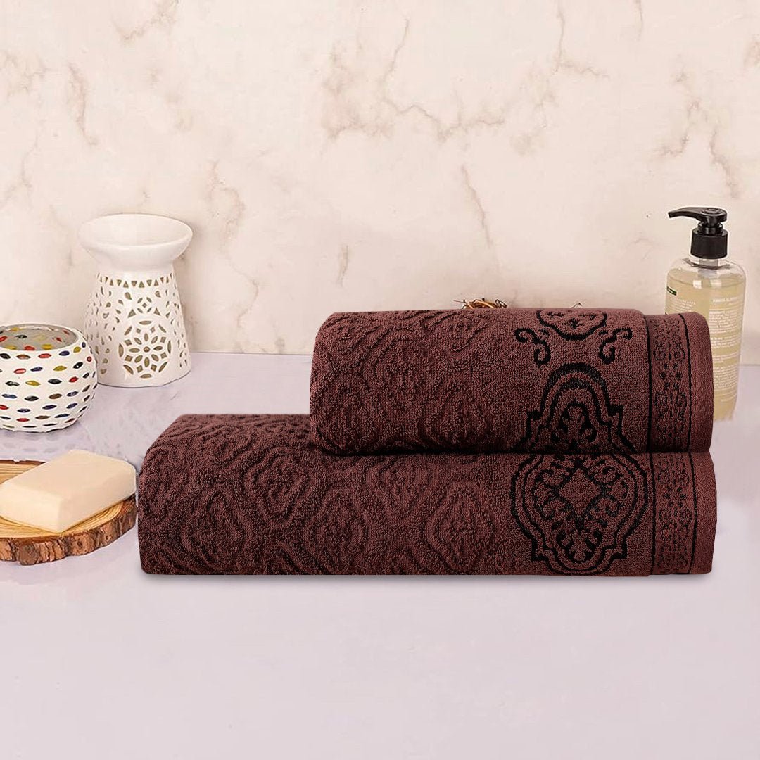 Dark Brown Damask - 2 - Pcs Jacquard Towel Set - Lotus