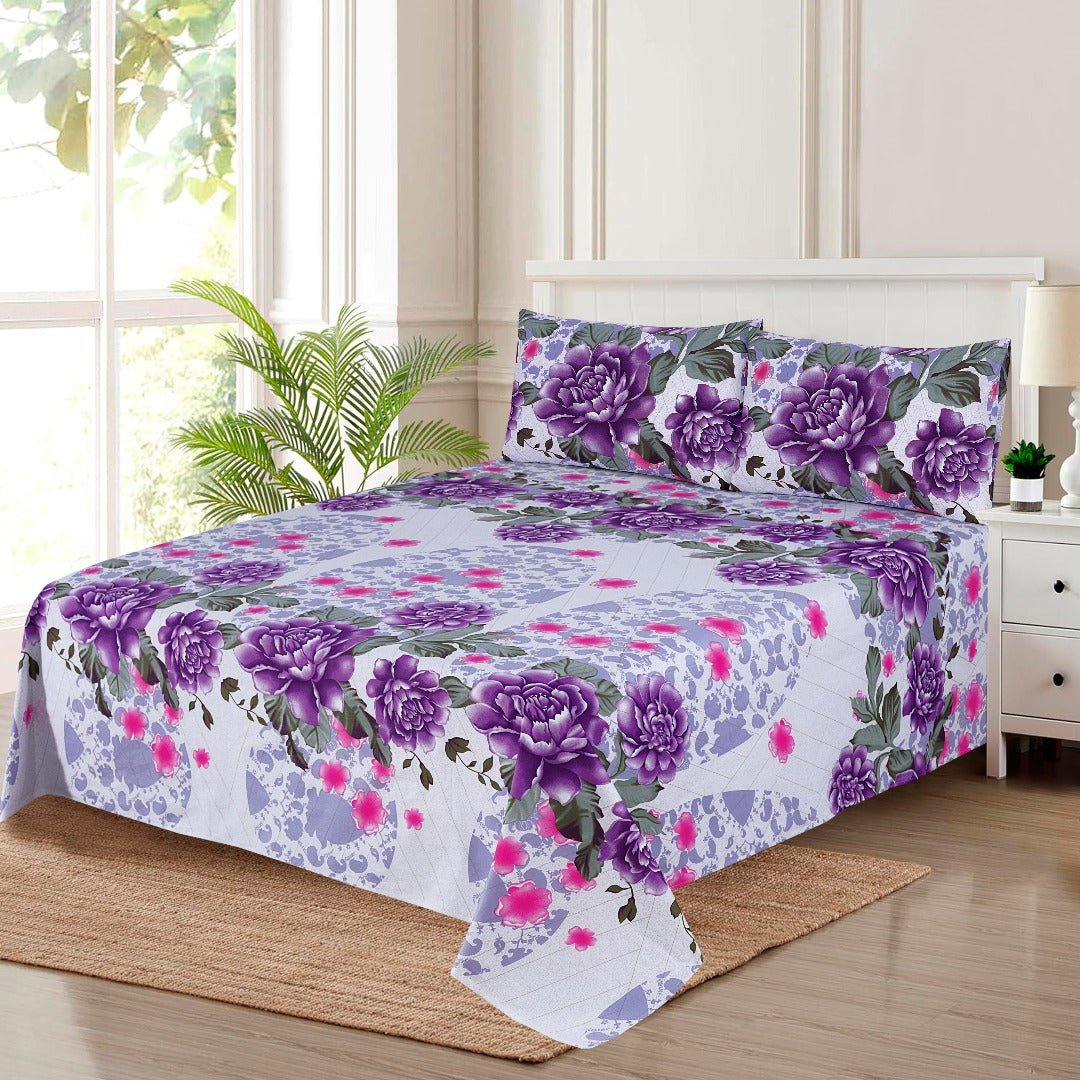 2 Pcs Single Size Easy Care Bedsheet - Floral Purple