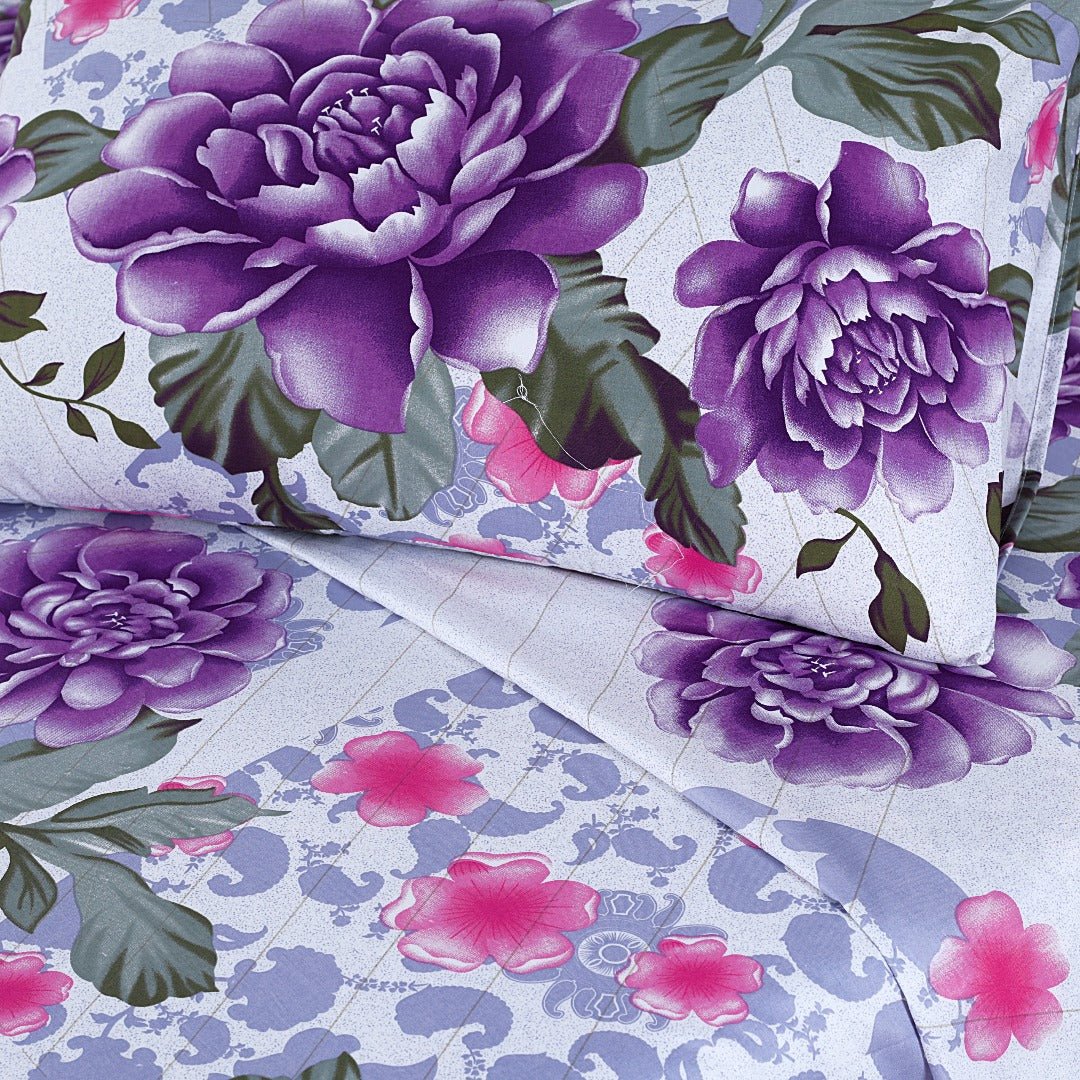 2 Pcs Single Size Easy Care Bedsheet - Floral Purple