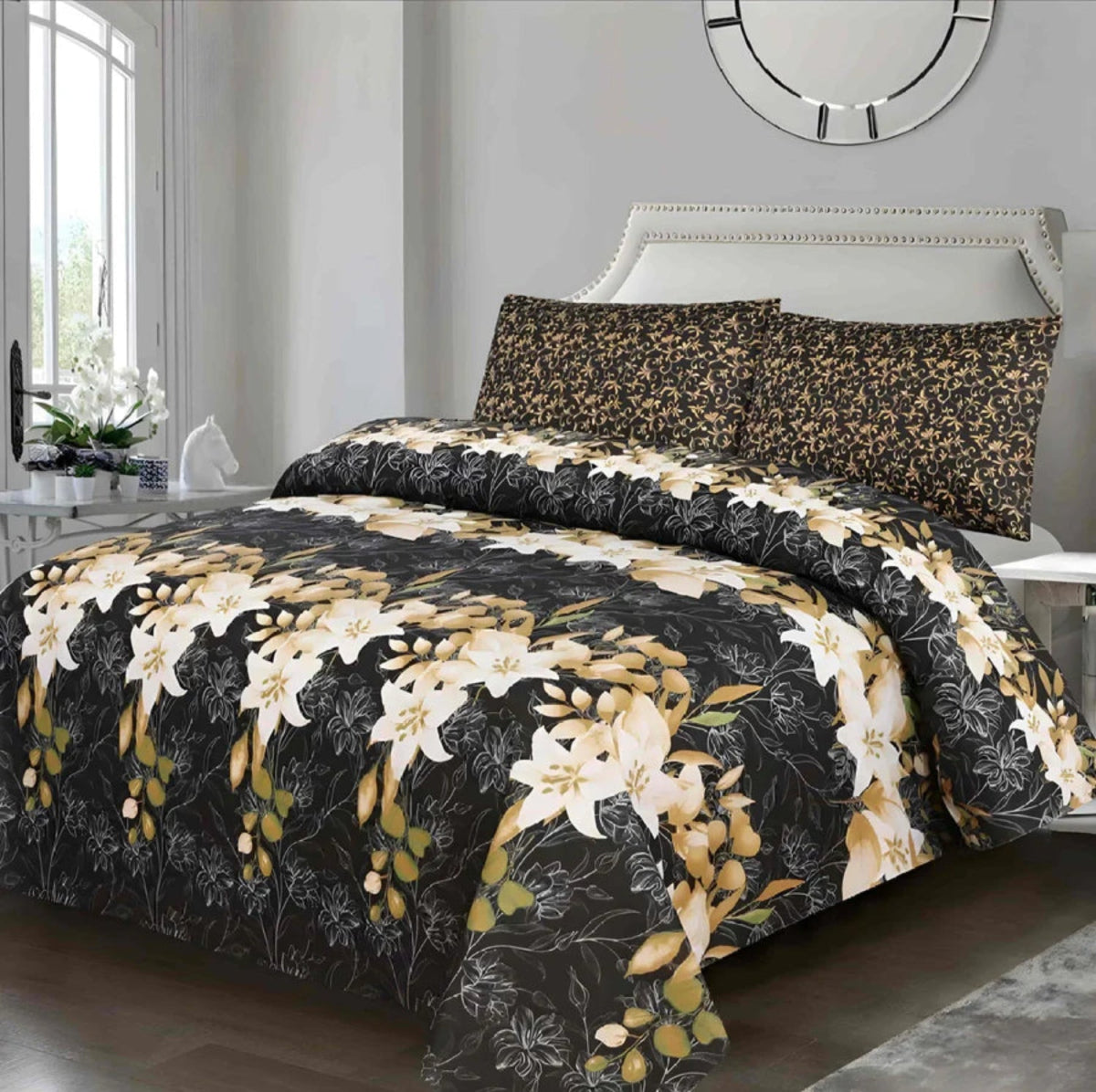 Golden Leafy Floral - Bed Sheet Set - Lotus