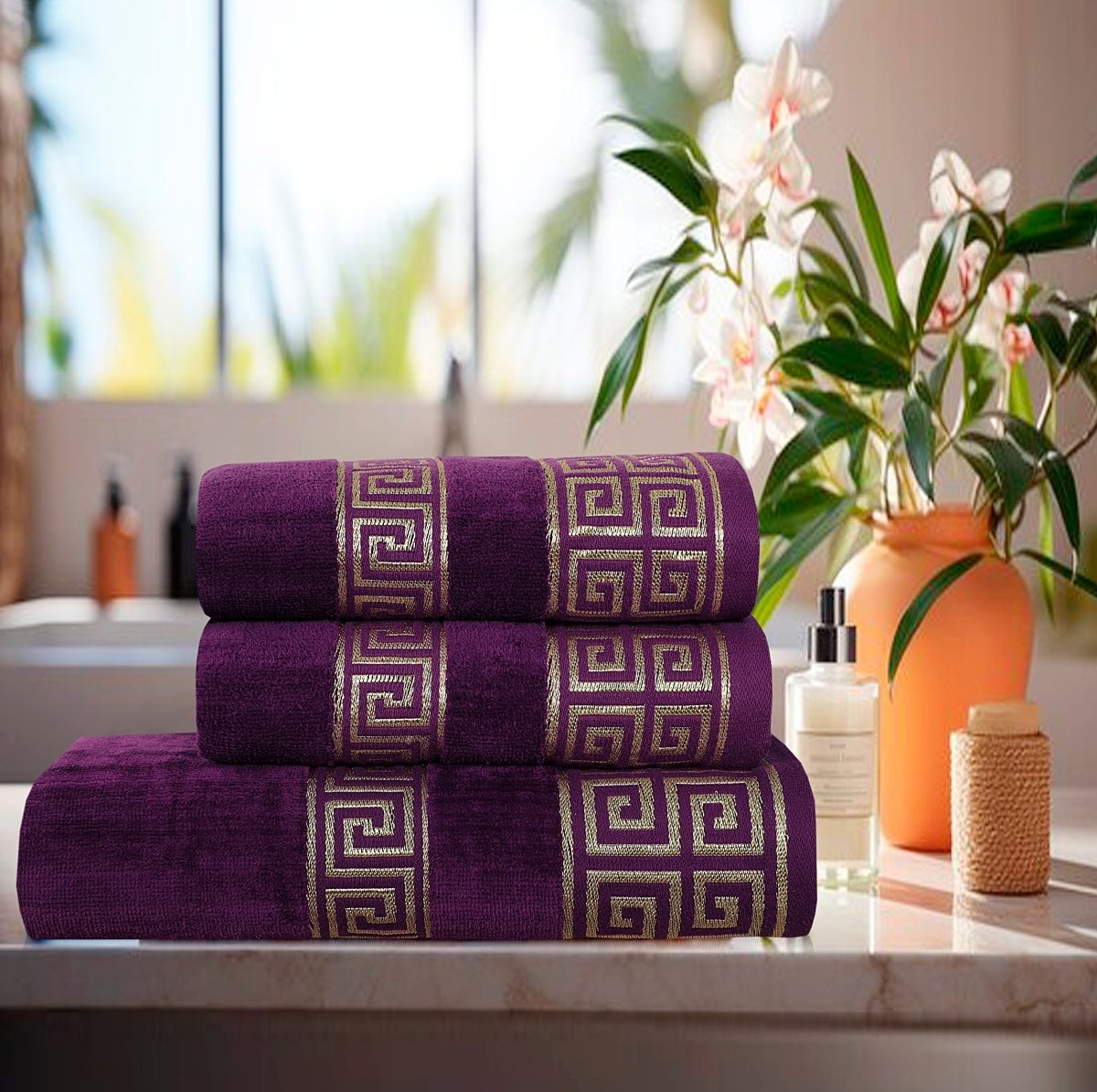 Magenta Versatile - 3 - Pcs Jacquard Towel Set - Lotus