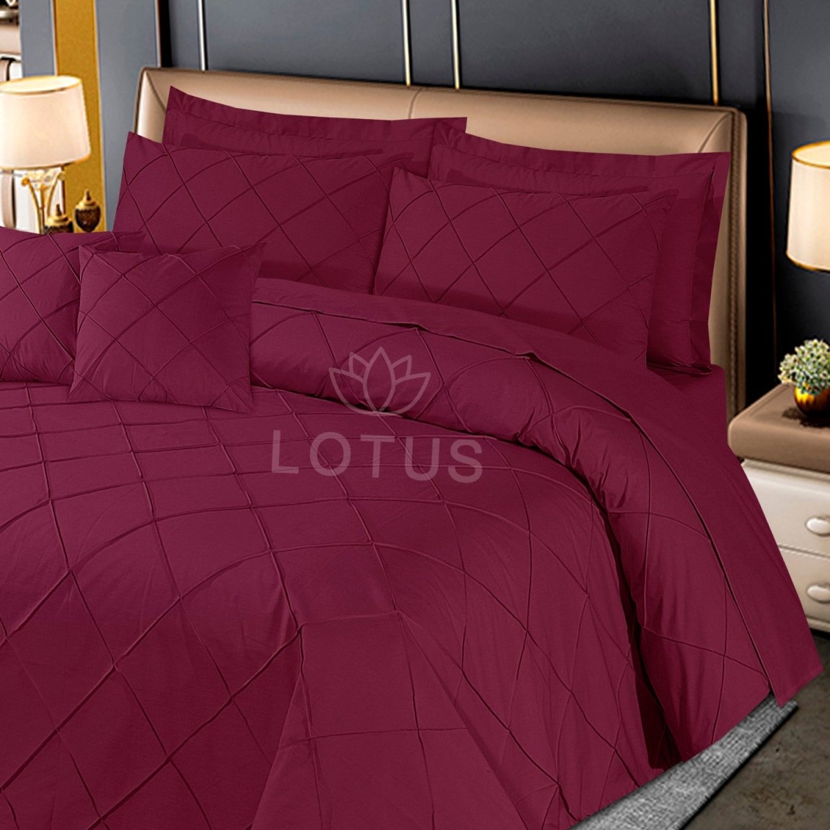 Maroon Diagonal Pleated - Duvet Cover Set 8 Pcs - Lotus