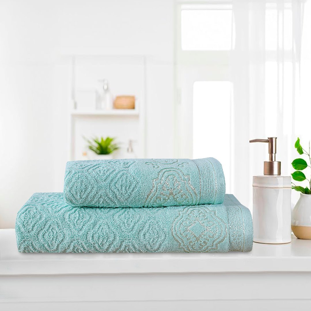 Mint Green Damask - 2 - Pcs Jacquard Towel Set - Lotus
