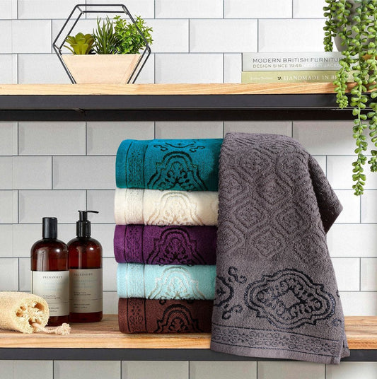 Multi Color Damask - 3 - Pcs Jacquard Bath Towels - Lotus
