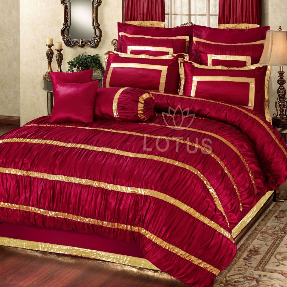 Silk Ruffled & Embellished luxury Bridal Duvet Cover Set Maroon 12 Pcs - 40259 RFS - Lotus