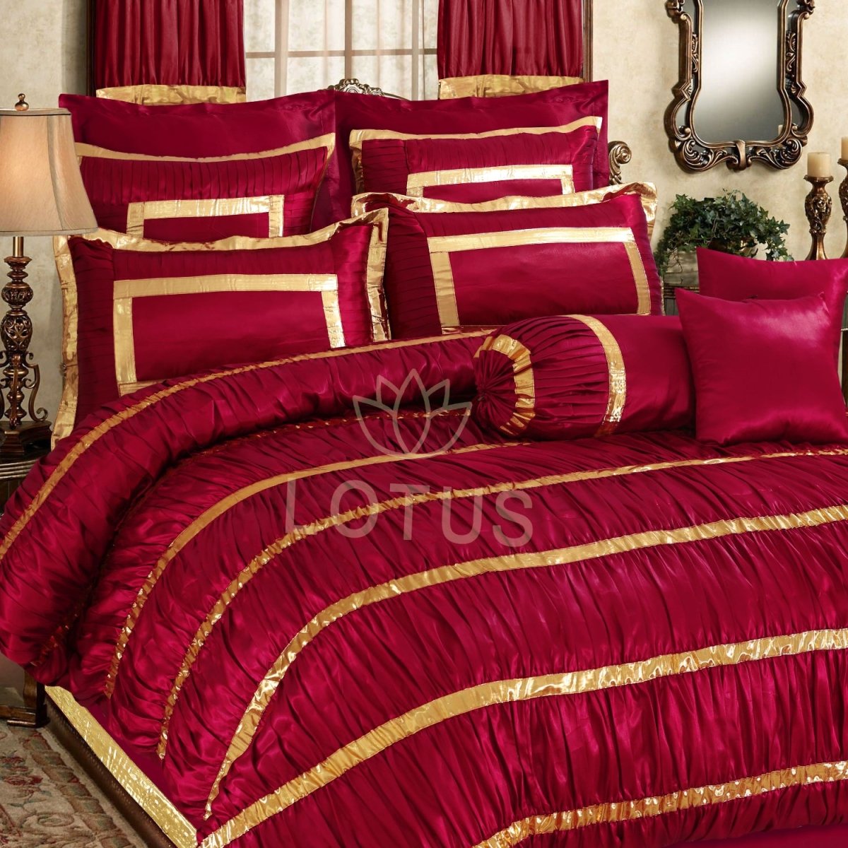 Silk Ruffled & Embellished luxury Bridal Duvet Cover Set Maroon 12 Pcs - 40259 RFS - Lotus