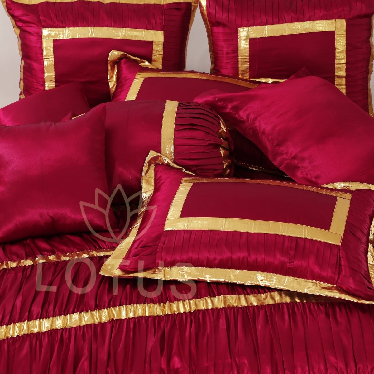 Silk Ruffled & Embellished luxury Bridal Duvet Cover Set Maroon 12 Pcs - 40259 RFS - Lotus