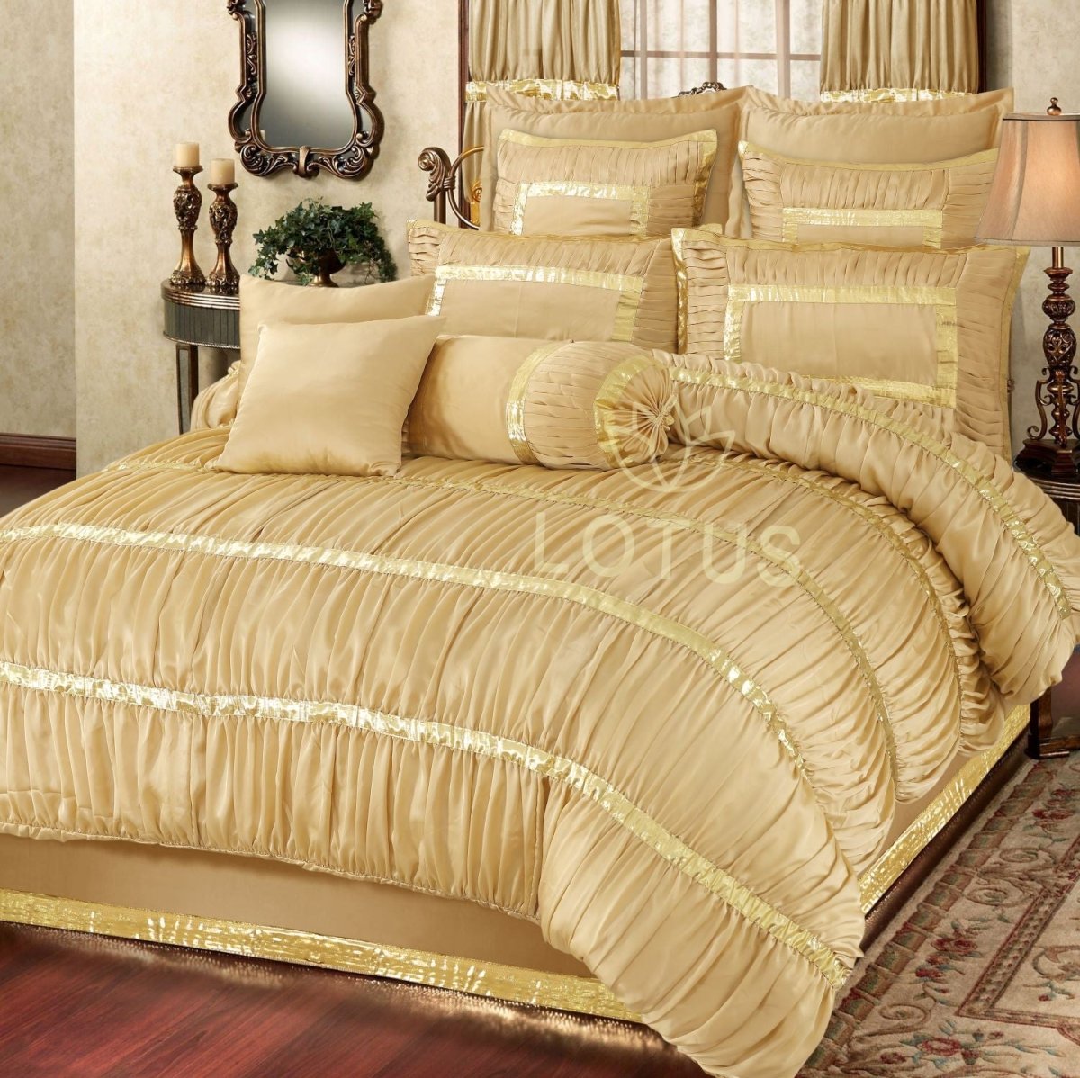 Silk Ruffled & Embellished luxury Bridal Duvet Cover Set Skin Golden 12 Pcs - 40256 RFS - Lotus