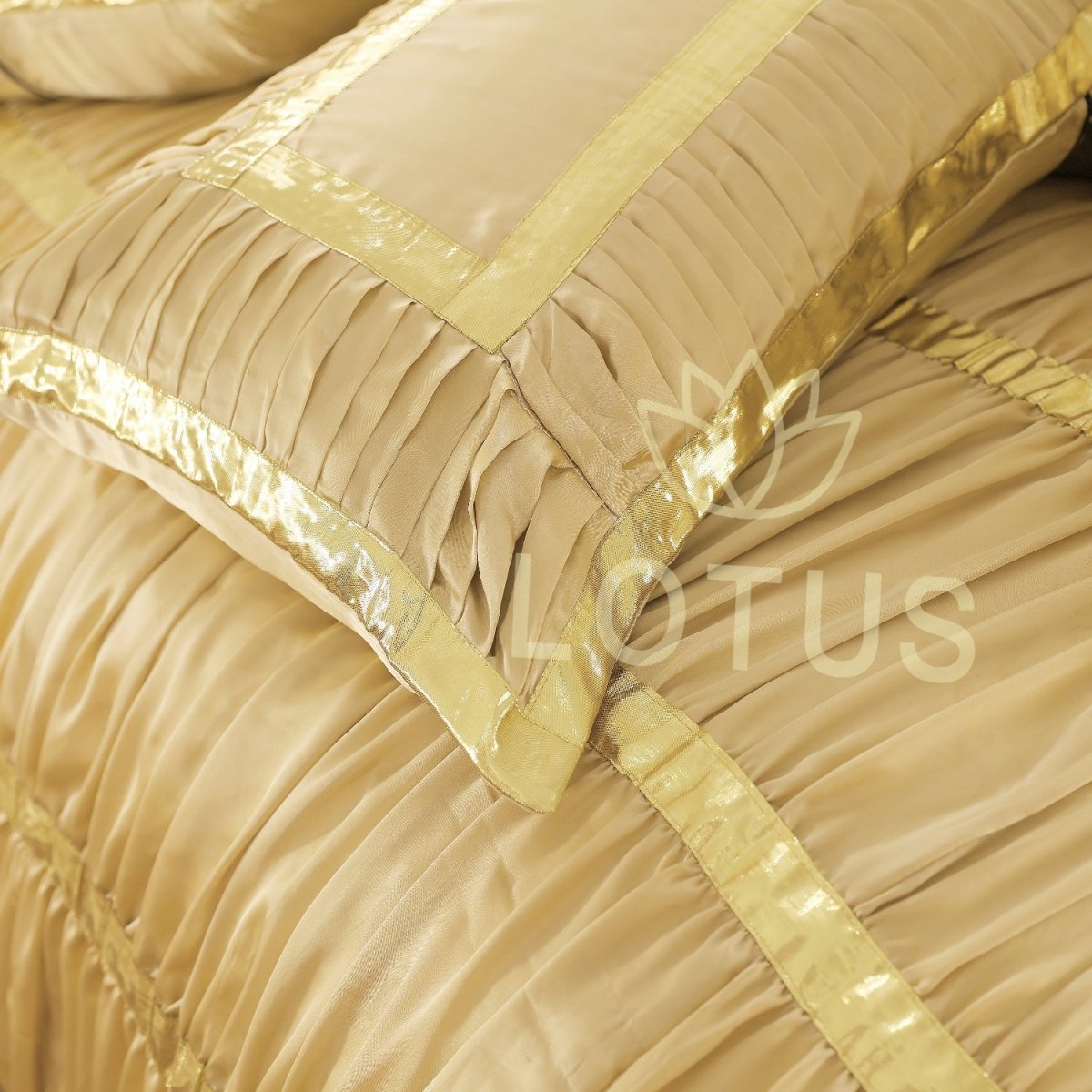 Silk Ruffled & Embellished luxury Bridal Duvet Cover Set Skin Golden 12 Pcs - 40256 RFS - Lotus