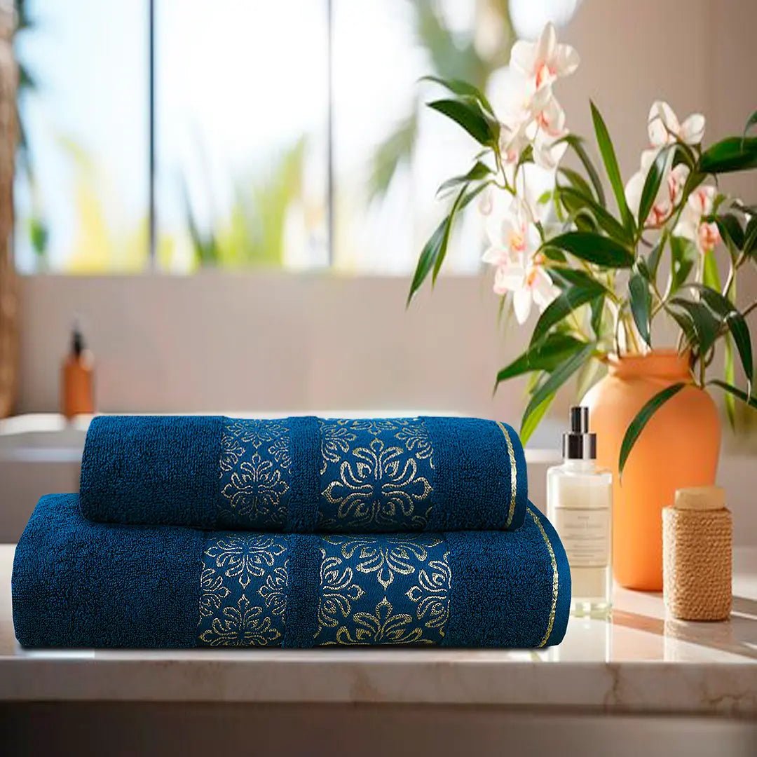 Teal Flower - 2 - Pcs Jacquard Towel Set - Lotus
