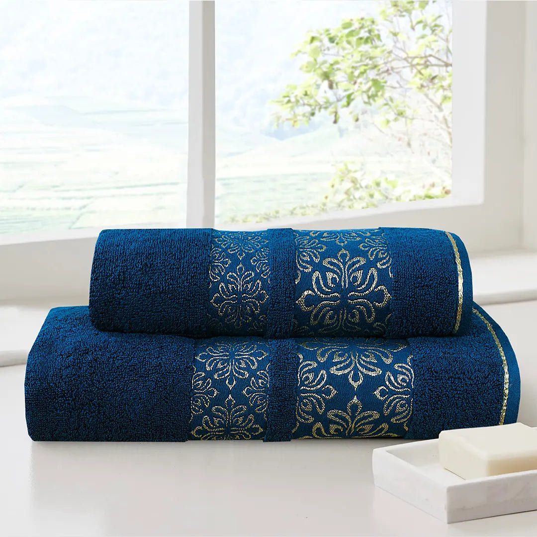Teal Flower - 2 - Pcs Jacquard Towel Set - Lotus