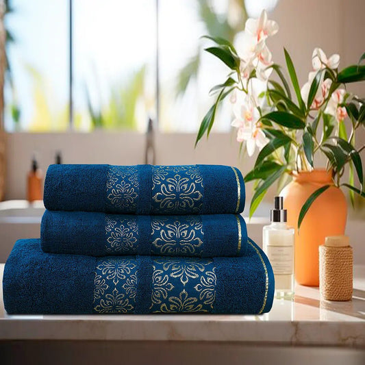 Teal Flower - 3 - Pcs Jacquard Towel Set - Lotus