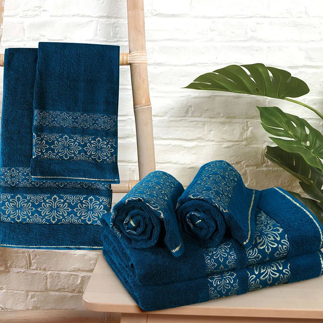 Teal Flower - 3 - Pcs Jacquard Towel Set - Lotus