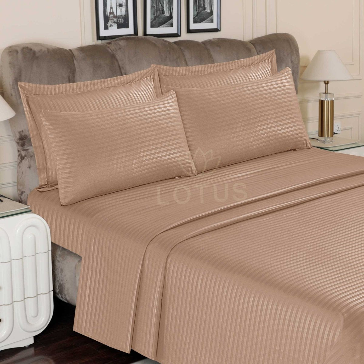 Ultra Soft Bed Sheet Set – Beige Stripe, King Size, 3 Pc - Lotus
