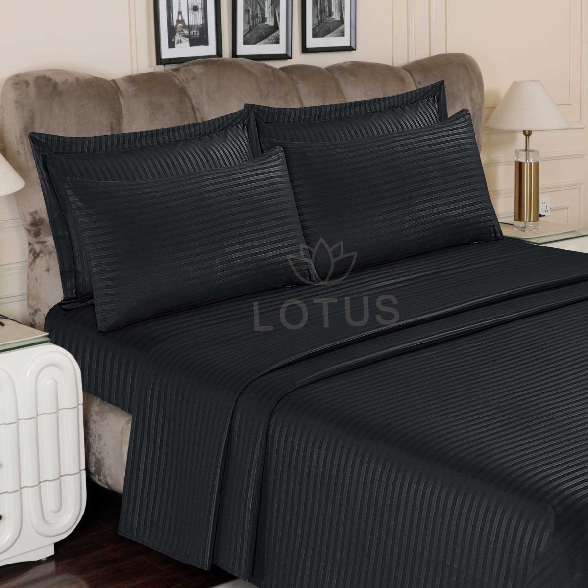 Ultra Soft Bed Sheet Set – Black Stripe, King Size, 3 Pc - Lotus