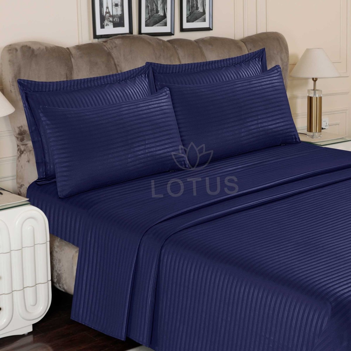 Ultra Soft Bed Sheet Set – Navy Stripe, King Size, 3 Pc - Lotus