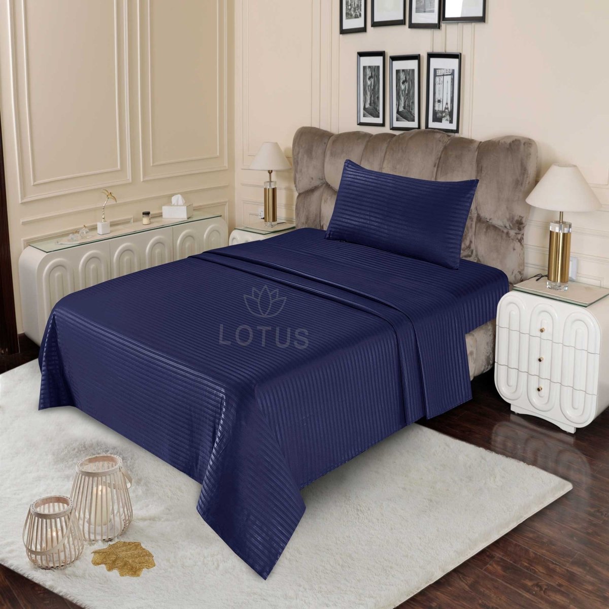 Ultra Soft Bed Sheet Set – Navy Stripe, Single Size, 2 Pc - Lotus