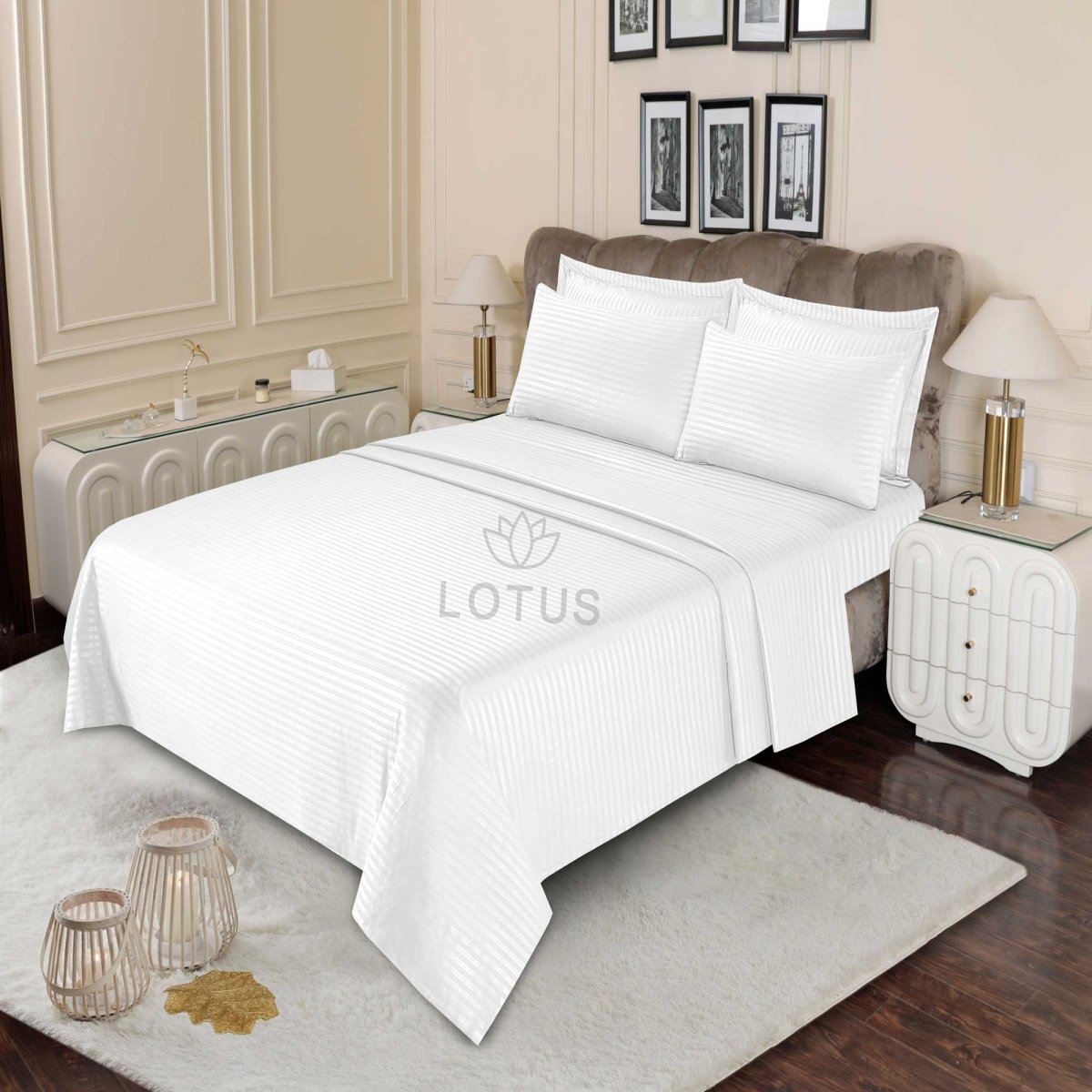 Ultra Soft Bed Sheet Set – White Stripe, King Size, 3 Pc - Lotus