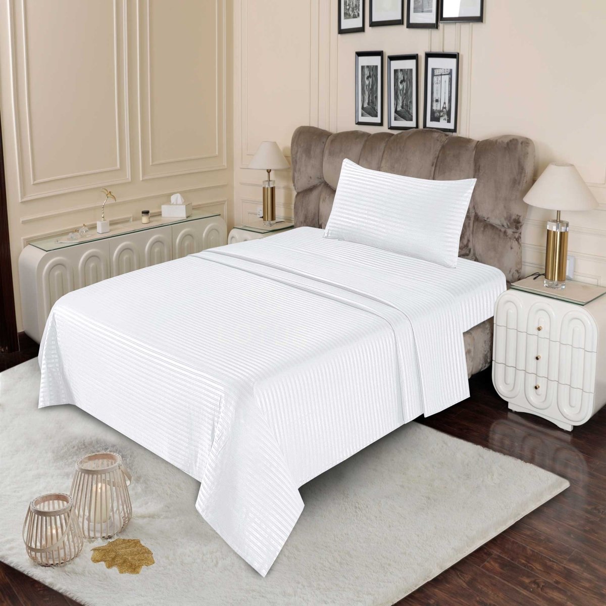 Ultra Soft Bed Sheet Set – White Stripe, Single Size, 2 Pc - Lotus