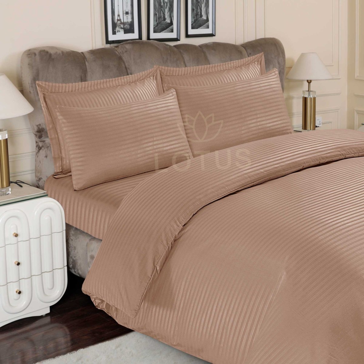 Ultra Soft Duvet Cover Set – Beige Stripe, King Size, 6 Pc - Lotus