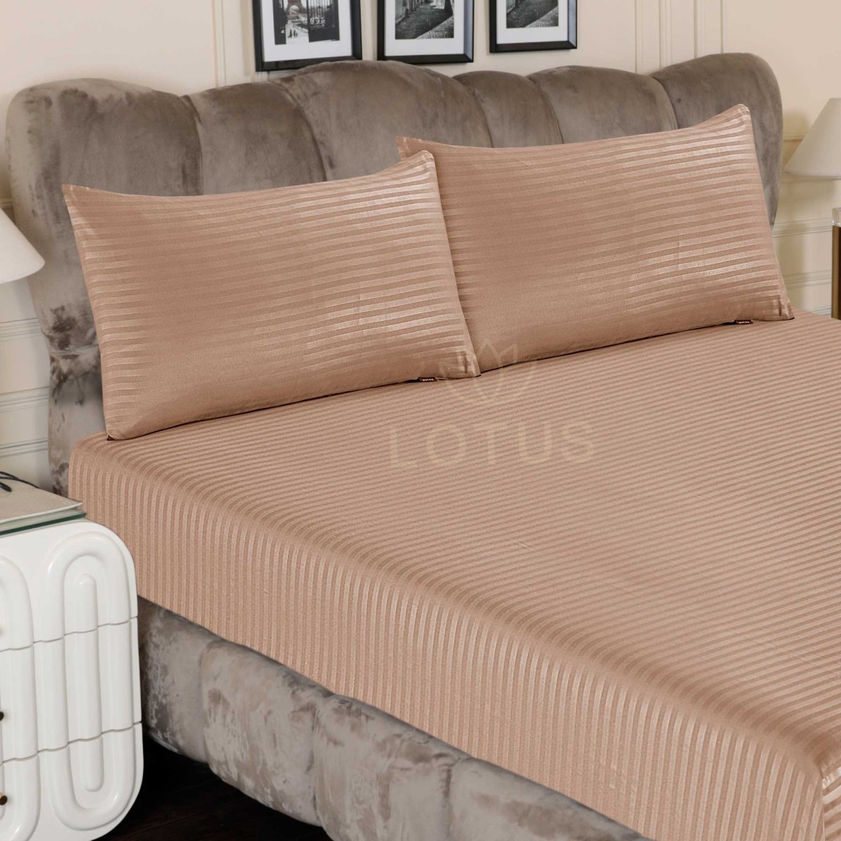 Ultra Soft Fitted Sheet Set – Beige Stripe, King Size, 3 Pc - Lotus