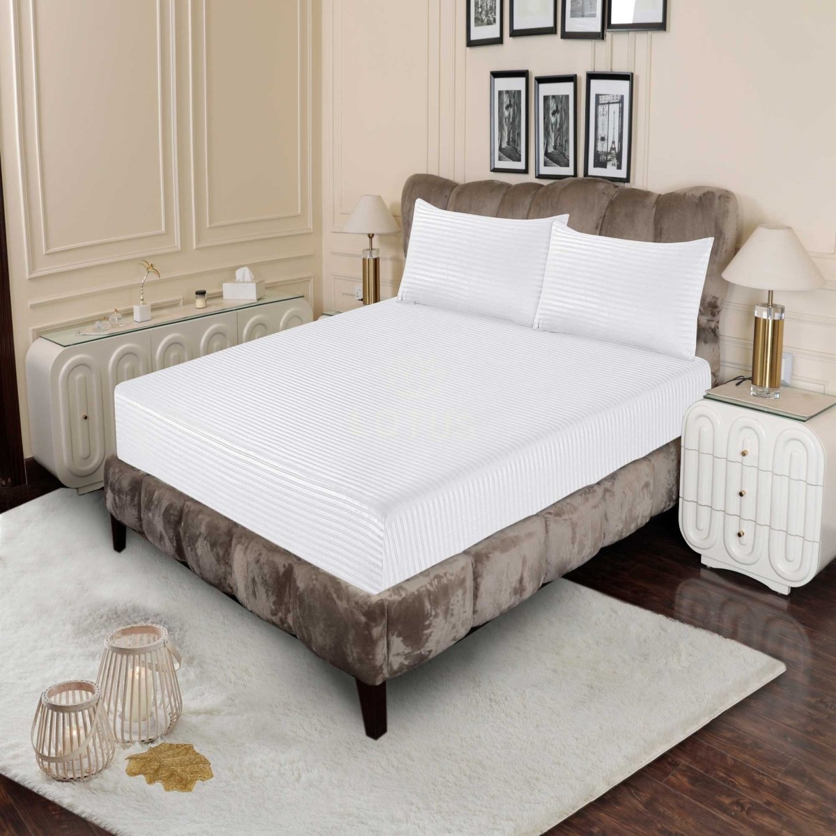 Ultra Soft Fitted Sheet Set – White Stripe, King Size, 3 Pc - Lotus