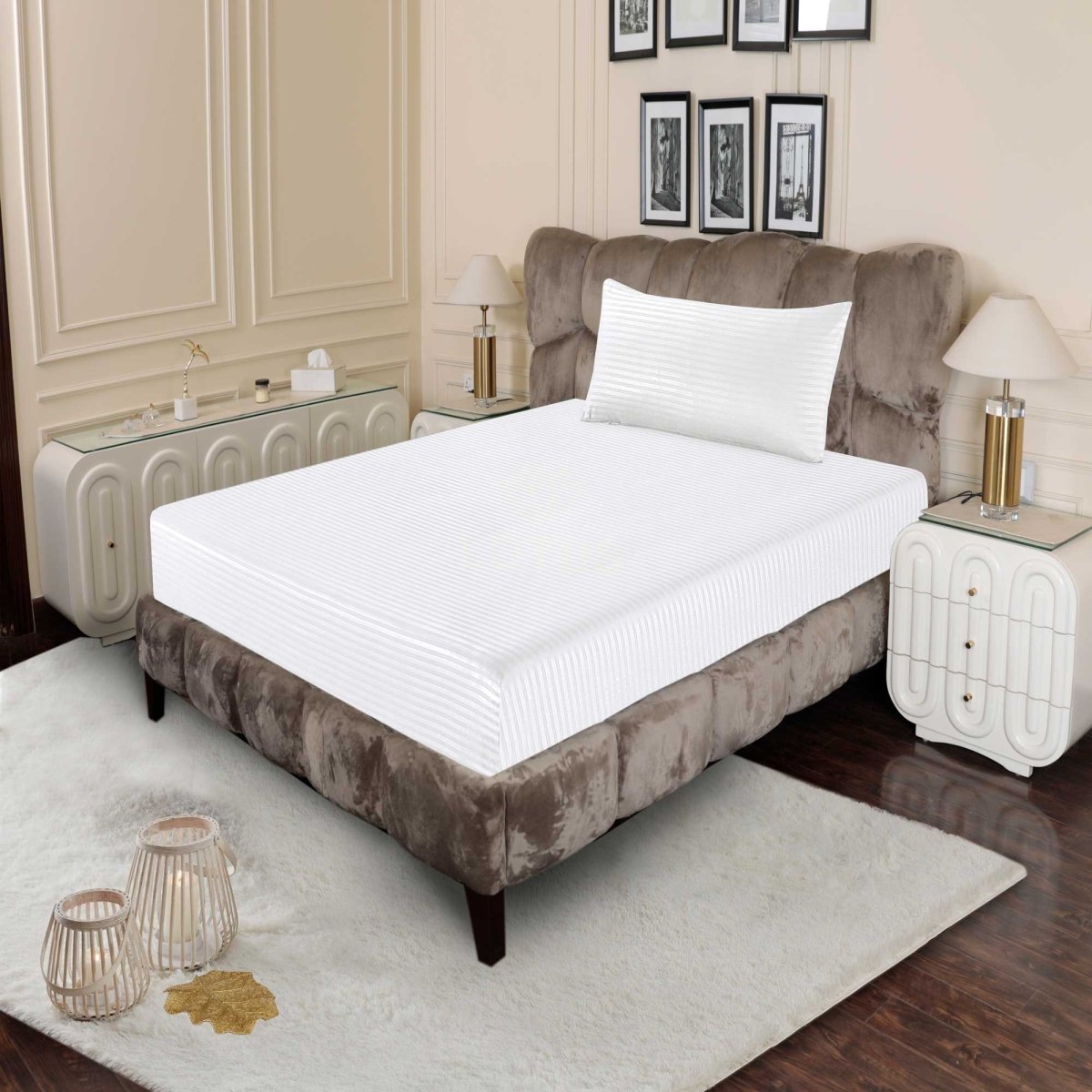 Ultra Soft Fitted Sheet Set – White Stripe, Single Size, 2 Pc - Lotus