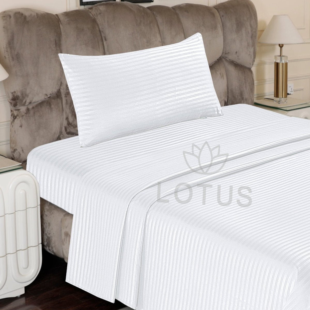 White Stripe Sateen - Bed Sheet Set Single - Lotus
