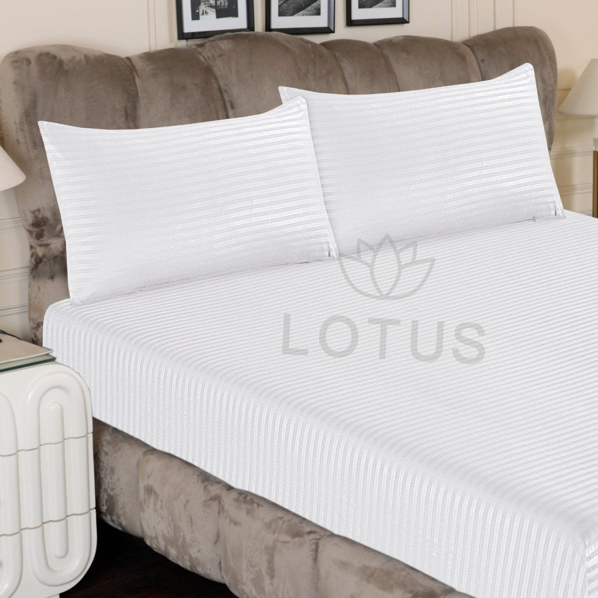 White Stripe Sateen - Fitted Sheet Set King - Lotus