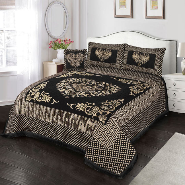 Jacquard Velvet Bed Sheet Set 4 pcs Heart Black King-40214 RFS Hover Image