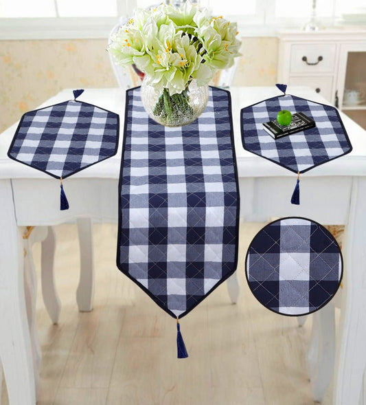 3 Pcs Quilted Table Runner Set Blue & White Check - 712 OS - Lotus