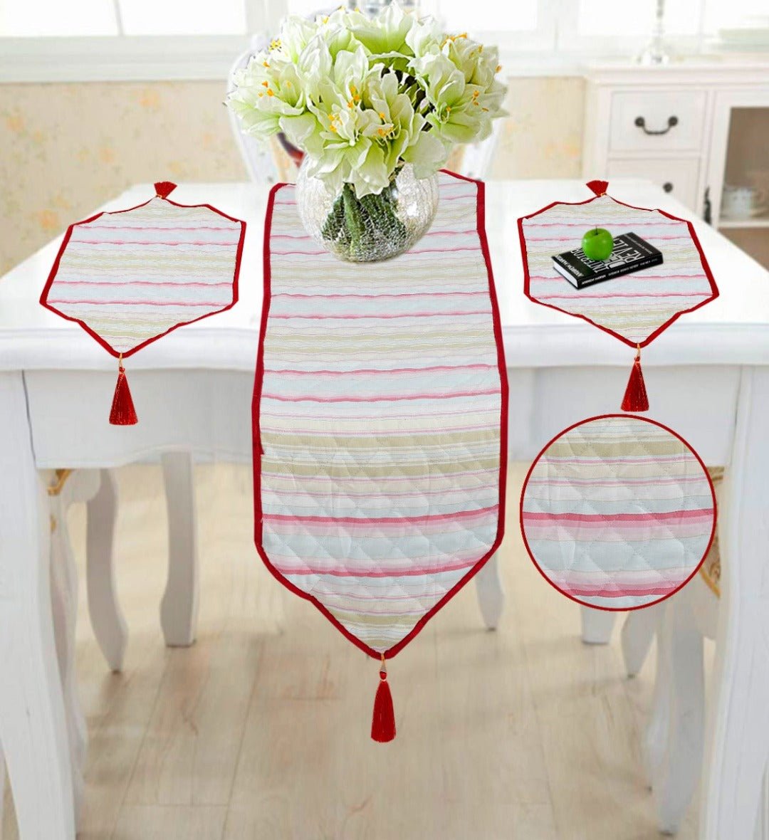 3 Pcs Quilted Table Runner Set Red & White Stripes - 702 OS - Lotus