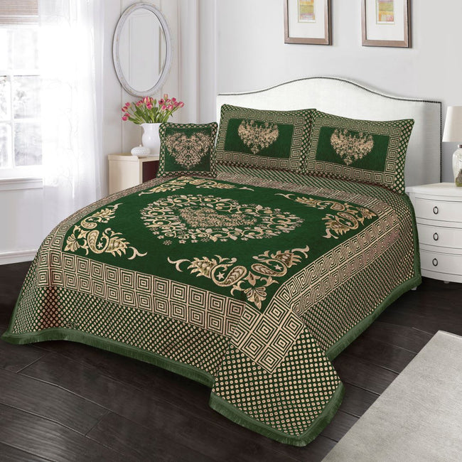 Jacquard Velvet Bed Sheet Set 4 pcs Heart Forest Green King-40215 RFS Hover Image