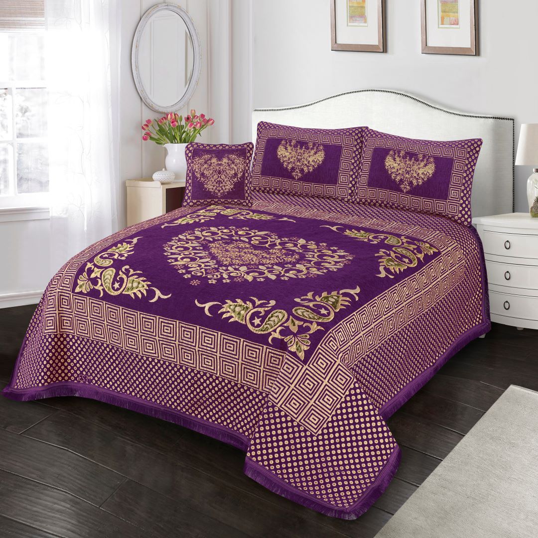 Jacquard Velvet Bed Sheet Set 4 pcs Heart Dark Magenta King-40216 RFS