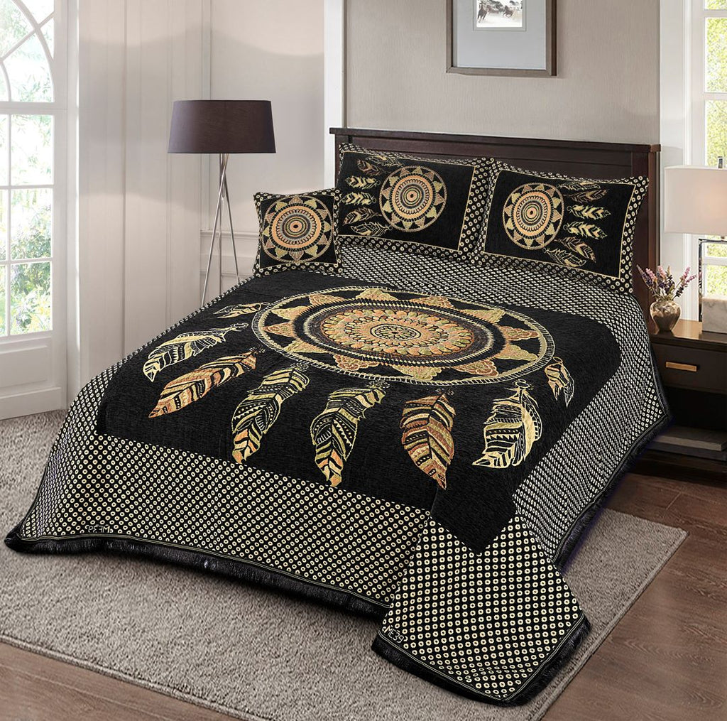 Jacquard Velvet Bed Sheet Set 4 pcs Chikankari Black-40265 RFS