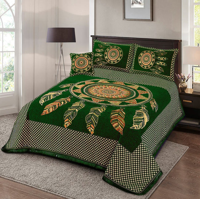 Jacquard Velvet Bed Sheet Set 4 pcs Chikankari Forest Green King-40264 RFS Hover Image