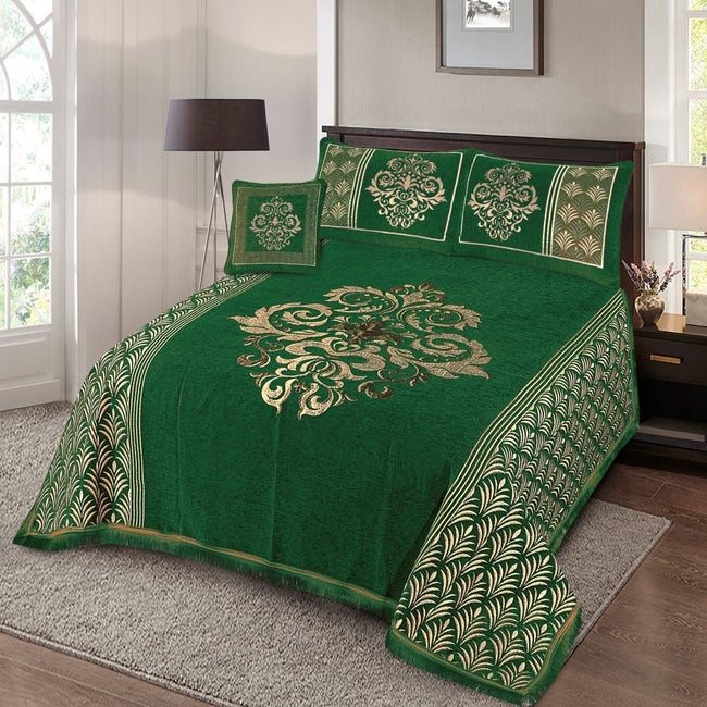 Jacquard Velvet Bed Sheet Set 4 pcs Victorian Forest Green King-40242 RFS Hover Image